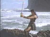 Xena prepares to balance her sword on her nose.