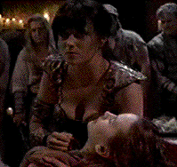Knowing full well the Red Cross has disavowed the precordial thump, Xena bashes the bard 'Just for the heck of it'