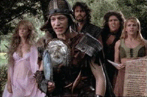 Everyone looks stunned as Xena invents break dancing