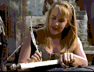 As Gabrielle is about to be asked for a second autograph by an admirerer, a cloaked convention employee whisks the person away and he is never seen again